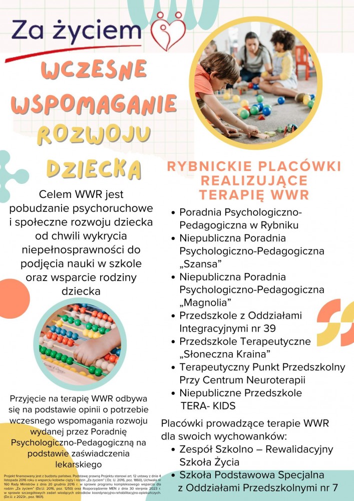 Plakat informujący o placówkach prowadzących Wczesne Wspomaganie Rozwoju Dziecka na terenie Rybnika