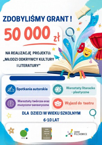 Plakat informacyjny Gminnej Biblioteki Publicznej w Pilchowicach z nagłówkiem: „Zdobyliśmy grant 50 000 zł!”. Środkową część zajmuje nazwa nagrodzonego projektu: „Młodzi odkrywcy kultury i literatury”. Na plakacie wypisano główne atrakcje zaplanowane